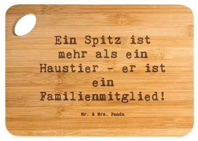 Produktbild von Mr. & Mrs. Panda Schneidebrett Spruch Spitz Familienmitglied - Transparent - Geschenk, lebhafte Persönlichkeit, Frühstücksbrettchen, Hunderassen Pflege, Frühstücksbrett
