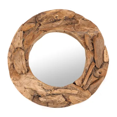 A round mirror with a frame made of driftwood, presented on a white background.