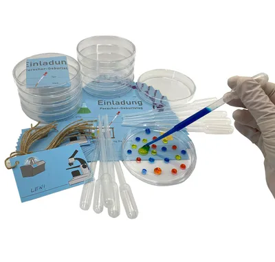 Produktbild von Kindergeburtstag Einladungen und Farb-Experiment in der Petrischale für Forscher-Party, blau, Forschen mit myExperimentSet