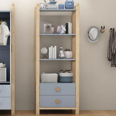 Immagine prodotto di Flieks scaffale in piedi libreria angolare con 2 cassetti, scaffale da bagno scaffale di stoccaggio 4 livelli, scaffale stretto in legno, 70x44x180,5 cm, finitura blu naturale