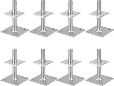 Eight identical metal post supports are arranged in two rows of four on a white background.