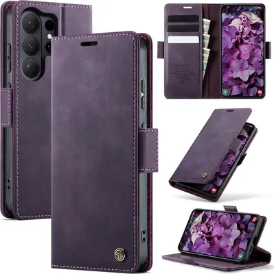 Immagine prodotto di Custodia in pelle per Samsung Galaxy S26 Ultra, protezione RFID, chiusura magnetica, scomparti per carte e funzione supporto Viola