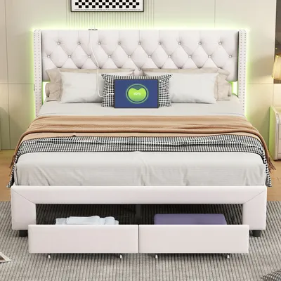 Produktbild von ProximaX Polsterbett 160x200 cm in Beige mit LED-Beleuchtung, USB-Anschluss, Bettkasten & Kopfteil-Seitentasche – Modernes Samt-Bett mit Nietenverzierung