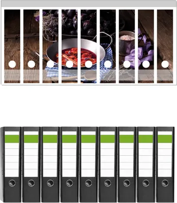 Produktbild von Wallario 9 Stück breite Ordner inkl. Klebeetiketten mit Motive Frisches Pflaumenkompott mit Gewüzen -  Set mit Rückenschildern / Ordnerrücken Stickern