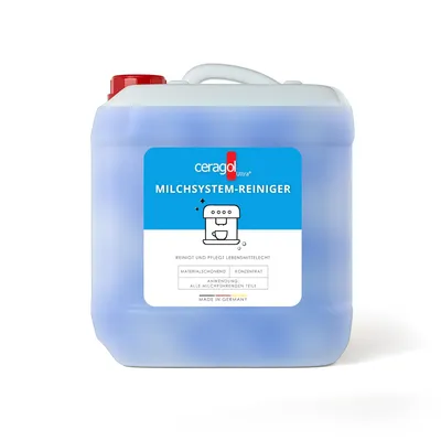 A large plastic jerrycan with blue liquid and a label for 'ceragol ultra MILCHSYSTEM-REINIGER'.