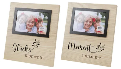 Produktbild von Gilde Fotorahmen (LED), rechteckig, "Momente", Blattmotiv, Schriftzug, MDF, naturfarben, L. 2.5 cm, B. 21.5 cm, H. 25 cm 44644 4063387446447 2 Stück (2-fach sortiert)