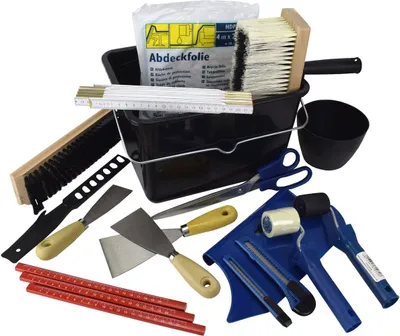 Produktbild von Tapezier-Set im Eimer 19tlg. Folie Messer Gipsbecher Spachtel Bürste Schere
