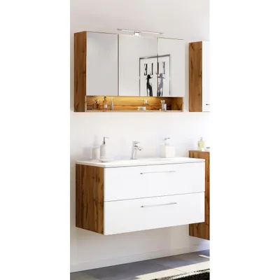 Produktbild von Badezimmer Waschplatz Set LOUNY-03 in Wotaneiche Nb. mit matt weiß, B/H/T: ca. 100/200/48 cm