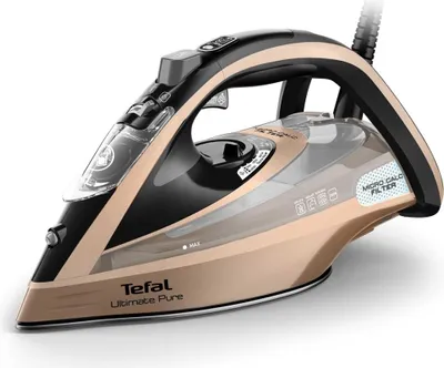 Produktbild von Tefal Ultimate Pure FV9852E0 Bügeleisen (Trocken & Dampf), Durilium AirGlide Selbstreinigende Bügelsohle, 3200 W, Schwarz/Kupfer