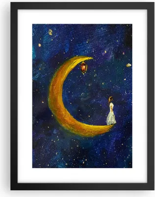 Produktbild von Gerahmtes Poster - Schwarzer Rahmen - Mädchen auf der Mond - 30x40 cm - Wand Bild - Wanddeko - Wandbilder - Kunstposter - Wandposter - Bilderrahmen - Bilder - Kunstdruck - P2BPA30x40-4575