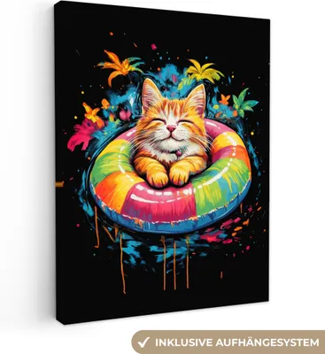 Produktbild von MuchoWow® - Leinwandbilder - Graffiti - Sommer - Katze - Tier, Wandbild, Wanddeko Bilder Wohnzimmer, 90x120 cm
