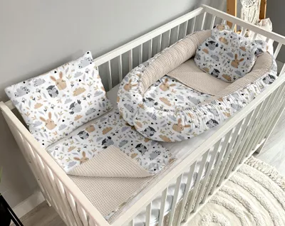 Produktbild von Babynest Kokon Nestchen für Neugeborene – 5-teiliges Set mit Decke und Kissen aus Baumwolle, Eulen und sand