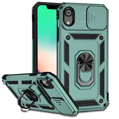 Obrázek produktu pro Pouzdro pro iPhone XR dvouvrstvé pouzdro s posuvným krytem kamery a prstencovým stojánkem zelené