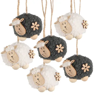 Produktbild von 6 Osteranhänger Schafe grau beige weiß - aus Plüsch und Holz