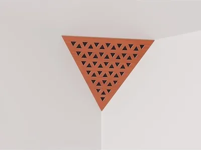 Produktbild von 2-Stück Decken-Eck-Bassfalle «Triangle-TRI» Akustikschaumstoff mit perforierter laminierter HDF-Platte | 42x42x42cm | Dreieckige Pyramiden-Bassfalle| Farbe: Kirschbaum