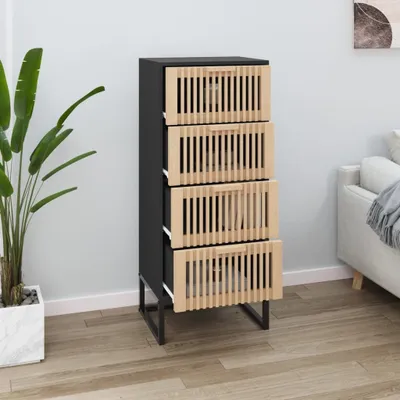 A tall, narrow black cabinet with four slatted wood-effect drawers stands against a light gray wall, next to a large potted plant.