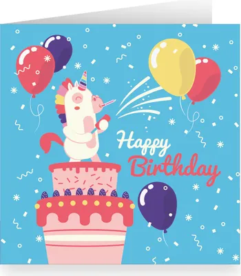 Produktbild von Komische quadratische Geburtstagskarte mit Einhorn auf Torte: Happy Birthday