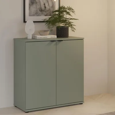 Produktbild von Forte GANYMEDE Kommode 80, minimalistische Kommode, 2-türig, Holzwerkstoff, Wohn-/Schlafzimmer, Salbei, 80,1 cm breit x 82,3 cm hoch x 34,1 cm tief