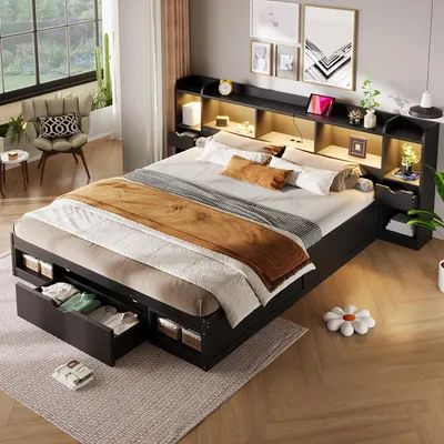 Produktbild von MODFU Polsterbett Doppelbett 180×200 mit Matratze,Funktionsbett mit Bettkasten,Holzbett Jugendbett mit LED, Stauraum am Kopf- und Fußende,Schwarz