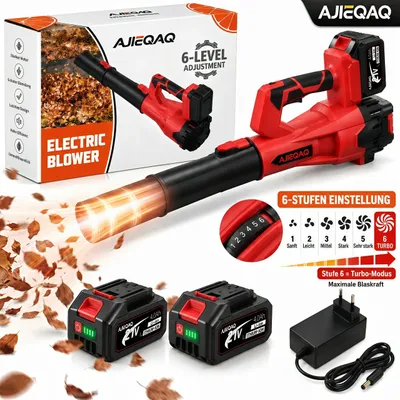 Produktbild von AJIEQAQ Akku-Laubbläser 21V, 2×4,0Ah Akku, Brushless, 320 km/h, 6 Stufen mit Turbo, 1000W,2 Rohre, kabelloser Laubbläser