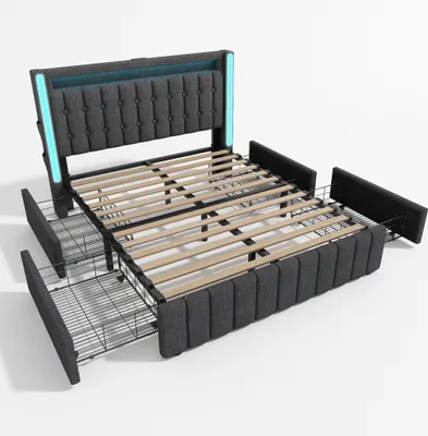 Produktbild von Flieks Polsterbett 160x200cm mit USB & Typ C, Stauraumbett Jugendbett mit 4 Schubladen, Doppelbett Holzbett mit LED & Lattenrost, Leinen, Grau