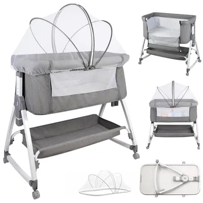 Produktbild von 4-in-1 Babybett - Reisebett / Gitterbett - Tragbar - Babywiege Und Wickeltisch - Matratze Und Moskitonetz - Aufbewahrungskorb - Höhenverstellbar - Grau