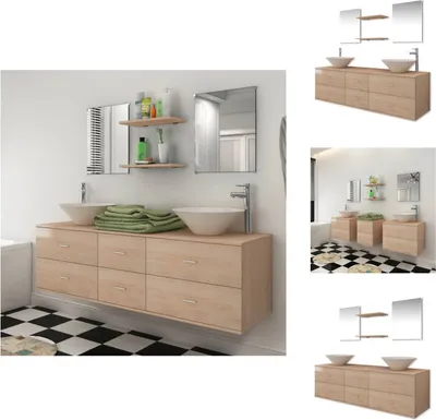 Image de vidaXL Ensemble de meubles de salle de bain 9 pièces avec lavabo et robinet Beige - ensembles de meubles de salle de bain