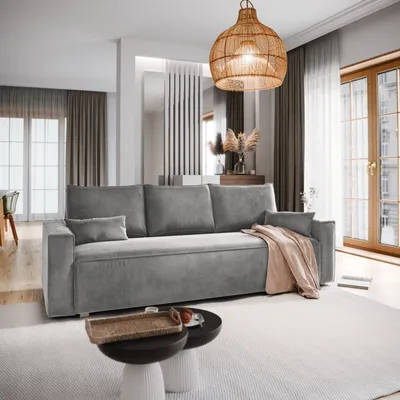 Produktbild von Sofa ALATRI Hellgrau Velours-Stoff mit Schlaffunktion, Sofa mit Bettkasten, Sofa mit Bettkasten, Wohnzimmersofa, Couch, Soffa, Bettsofa, Couchgarnitur- Hellgrau, MONOLITH 84