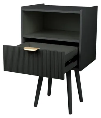 Image de Table de chevet avec tiroir et étagère, pieds en bois, couleur noire, dimensions 42x30x65 cm, lot de 2