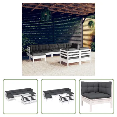 Produktbild von The Living Store 9-tlg. Garten-Lounge-Set mit Kissen Weiß Kiefer Massivholz