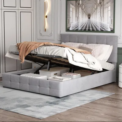 Image de okwish Lit double rembourré 140×200 cm avec coffre de rangement hydraulique, sommier métallique, tissu en velours – gris