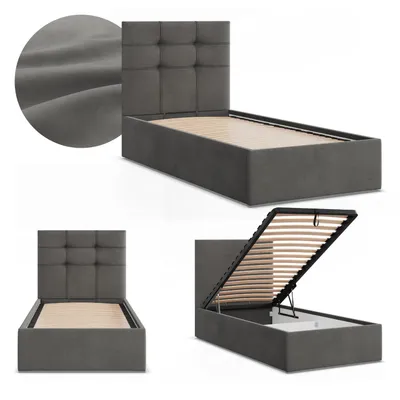 Produktbild von Polsterbett SORIA 90x200 Samt mit Bettkasten und hochklappbarem Metall-Lattenrost, Einzelbett Dunkelgrau