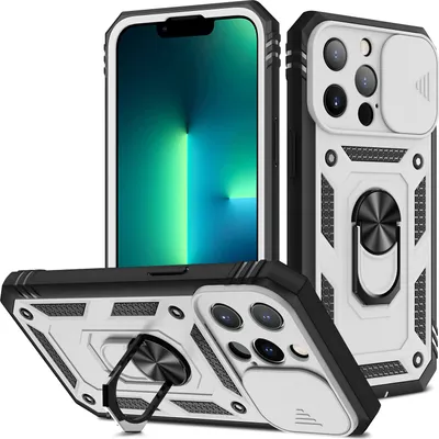 Produktbild von iPhone 14 Pro Hülle, Schiebe Kamera Schutz Robust Rüstung Stoßfest Schutzhülle mit Ringhalterung Ständer Kartenhalter für iPhone 14 Pro Weiß