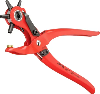 A red KNIPEX revolver hole puncher is shown against a white background.