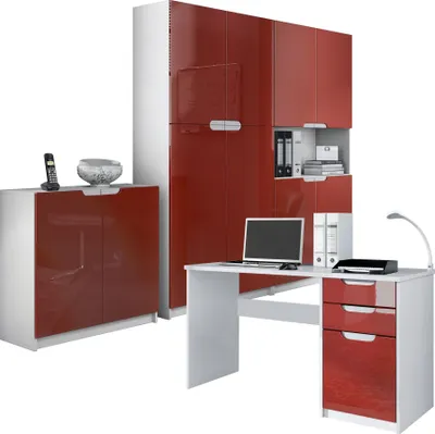 Produktbild von Vladon Büromöbel Arbeitszimmer komplett Set Logan, Germany, Korpus in Weiß matt / Fronten in Bordeaux Hochglanz