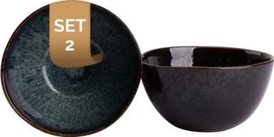 Produktbild von Palmer Eccentric tiefe Schalen - 2er-Set, Steingut, Ø 15 cm, 0,85 L, dunkelblau glänzend, braun umrandet, organische Form, für Müsli, Dessert oder als Obstschale, stapelbar, spülmaschinenfest