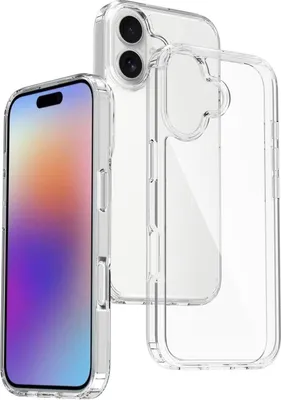 A clear phone case is shown next to a smartphone.