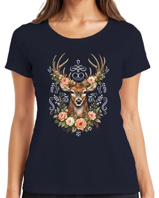 Produktbild von Eleganter Hirsch Blumenkranz Geweih Wald Boho Natur Lederhose Reh Damen T-Shirt, Navy, S