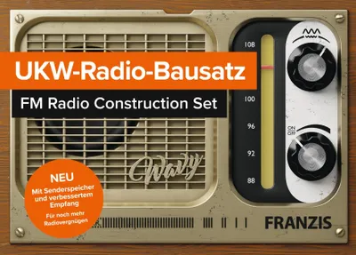 A close-up marketing image of a retro-style FM radio construction set, featuring prominent text overlays and product details.