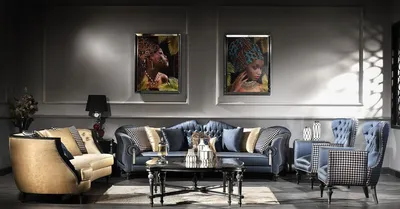 Produktbild von Casa Padrino Luxus Barock Wohnzimmer Set Blau / Gold / Schwarz - 2 Sofas & 2 Sessel & 1 Couchtisch & 2 Beistelltische - Barock Möbel - Edel & Prunkvoll