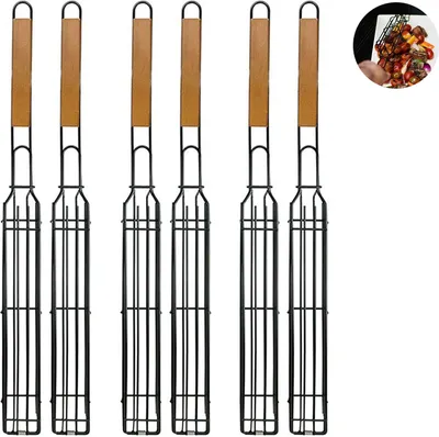 Produktbild von Grillkorb Antihaft Gemüse Fleisch Grillrost mit Holzgriff 4,5 x 28 cm Chromstahl