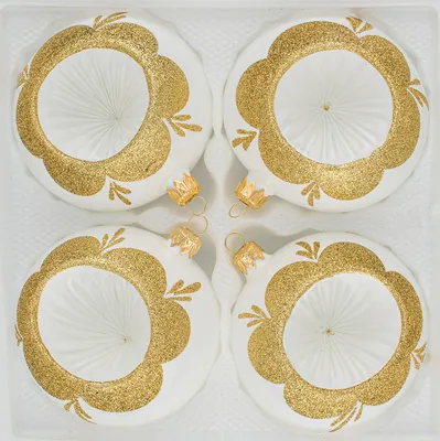 Produktbild von 4 tlg. Glas-Weihnachtskugeln Set 12cm Ø in "Vintage Classic Weiss Gold"