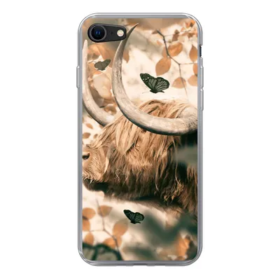 Produktbild von MuchoWow® Handyhülle Schutzhülle Hülle für iPhone SE 2020 Schottische Highlander - Schmetterlinge - Blätter Silikon Softcase Handy Hülle - Kartenbesitzer