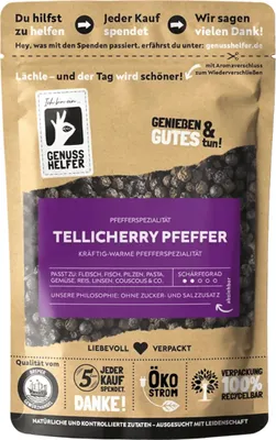 Produktbild von Tellicherry Pfeffer, ganz, edler Pfeffer für die Mühle mit intensiven Aromen zum Kochen und Backen, 100g
