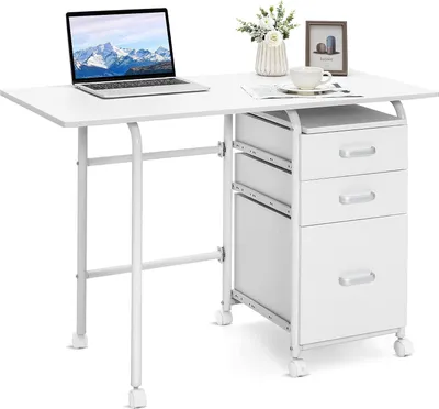 Produktbild von COSTWAY Klappbarer Computertisch mit 3 Schubladen und Rollen, Schreibtisch mit Metallrahmen, platzsparender Bürotisch, Klappschreibtisch für kleine Räume, 105 x 50 x 75 cm (Weiß)
