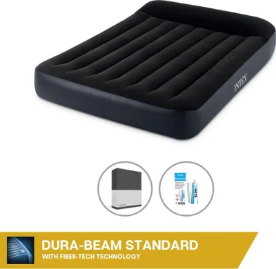 Produktbild von Intex Luftbett - 2 Personen - 137 x 191 x 25 cm - Schwarz - Mit eingebauter Pumpe + Spannbettlaken Schwarz + Reperaturset