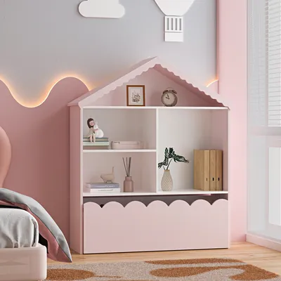 Zdjęcie produktu dla Półka dziecięca 'Vestnes' o wyglądzie domku z szufladą w kształcie fali 114 x 91 x 30 cm Bawełna Candy / Biały