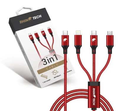 Imagen del producto de Cable de carga y datos RhinoTech 3 en 1 USB-C (MicroUSB + Lightning + USB-C), 40W, 1,2 metros, color rojo