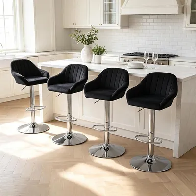 Produktbild von Barhocker 4er Set Höhenverstellbar Drehbar Frühstücksstuhl Schwarz | mit Rückenlehne und Armlehnen Küchenstuhl aus Samtstoff,Geeignet für Bar, Theken und Küchen