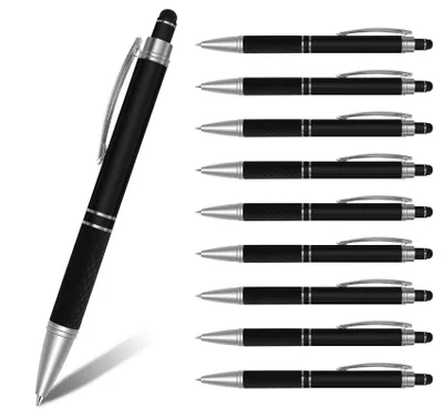 Produktbild von 10 Stück 2-in-1 Touchpen Druckkugelschreiber mit blauer Tinte,  für Tablet Smartphone, Metallgehäuse, schlankes Design (0,7 mm Strichstärke Schwarz)